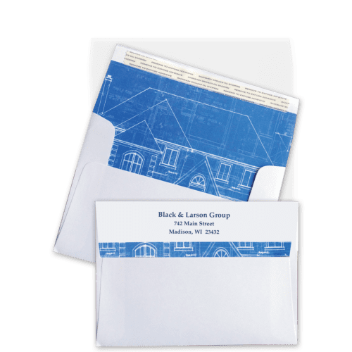 Specialty custom blueprint envelopes feature a residential blueprint interior and a small strip of blueprint below your return address.