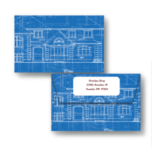 Specialty custom blueprint envelopes feature a blueprint exterior elevation of a house with a white area on the back flap for your printed return address.
