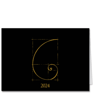 A sophisticated New Years Card in elegant black with the delicate tracings of a Fibonacci spiral and the year in bright yellow.