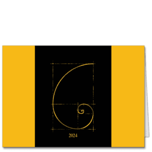 Bold New Year Card design in deep yellow and black with a Fibonacci spiral at center.