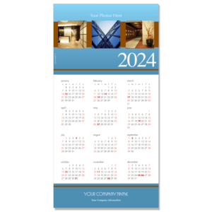 This fresh sky blue colored background borders your own uploaded images to create an impressive calendar greeting card.