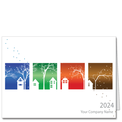 A business holiday greeting card for the New Year featuring 4 seasons and your company name on the front.