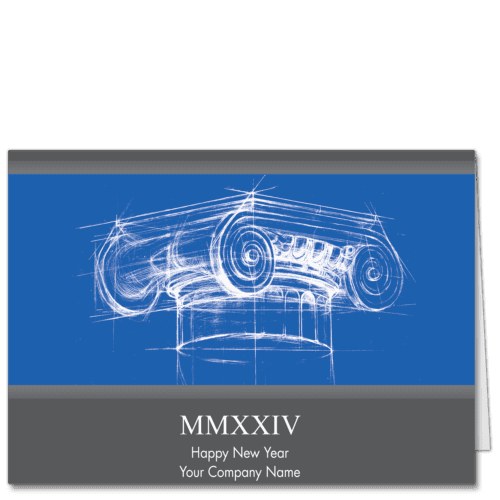 Architecture Holiday Card New Year Sketch With a Blueprint Style Sketch of Column Capital on and Roman Numeral Date 2024