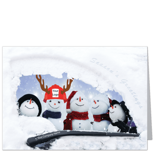 Snowmen looking out from inside a construction truck, one wearing a red hat with your optional logo added