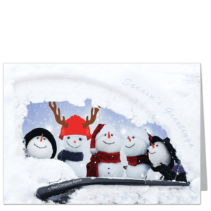 Contractor Christmas card depicts hard hat wearing snowmen inside a truck windshield with snow.
