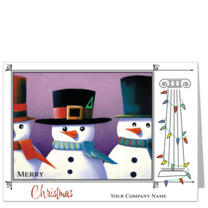 An architect holiday card featuring an ionic column decorated with Christmas lights and 3 jaunty snowmen.