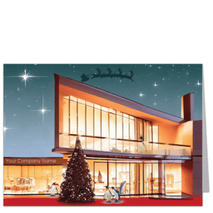 Corporate holiday card featuring a brightly lit modern building with penguins in celebration