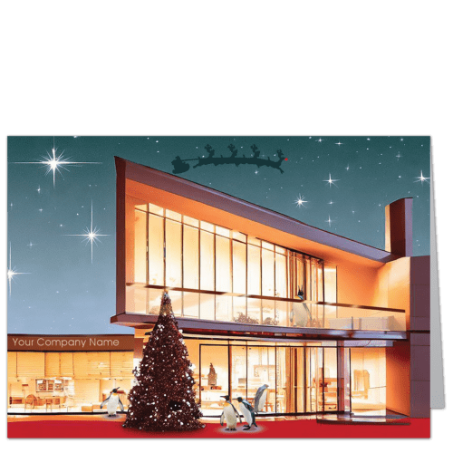 Corporate holiday card featuring a brightly lit modern building with penguins in celebration