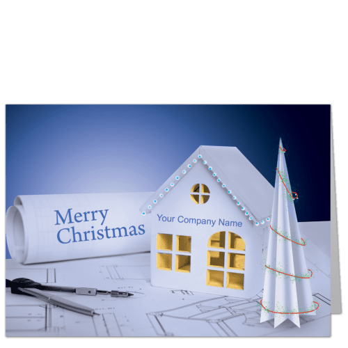 Architect Christmas card with model of a house sitting on shelf and your company name on the model