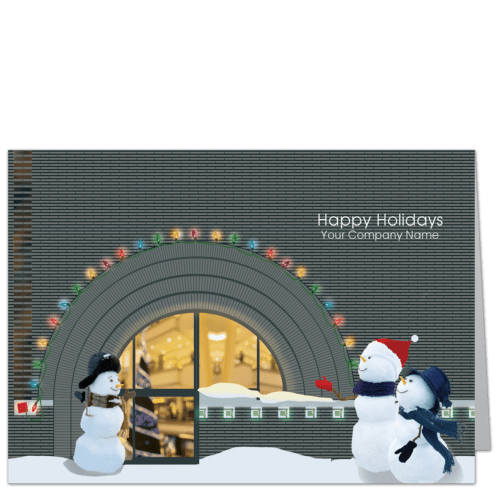 Snowmen shopping in front of the famous Frank Lloyd Wright gift shop on Maiden Lane in San Francisco