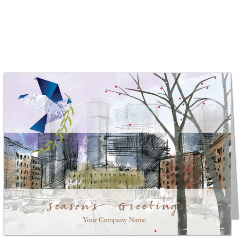 An architectural sketch of a city square with an origami dove and trees