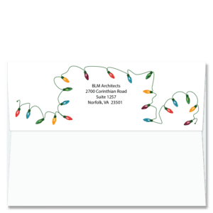 Cardphile's custom FlapArt envelope design with a strand of colorful traditional Christmas lights framing your return address