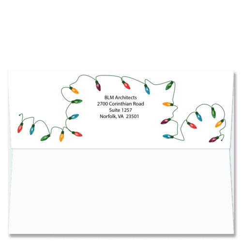 Cardphile's custom FlapArt envelope design with a strand of colorful traditional Christmas lights framing your return address