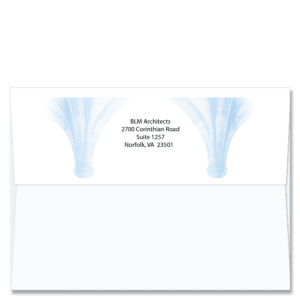 Light shade of blue form blueprint arches to frame your return address on these FlapArt envelopes.