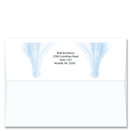 Light shade of blue form blueprint arches to frame your return address on these FlapArt envelopes.