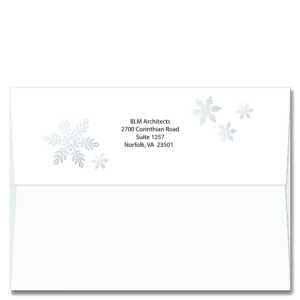 Snowflakes surround your return address on the back of these self sealing FlapArt greeting card envelopes.
