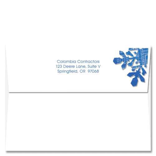 A Cardphile custom FlapArt envelope with a blueprint snowflake design to the right of your return address.