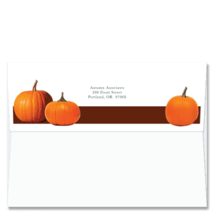Custom design self-sealing FlapArt envelope with Fall harvest orange pumpkins to frame your printed return address.