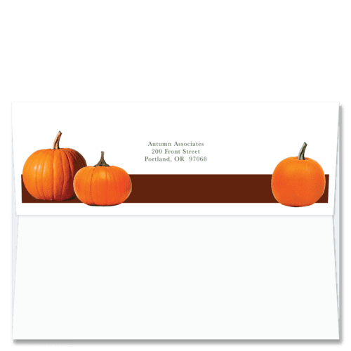 Custom design self-sealing FlapArt envelope with Fall harvest orange pumpkins to frame your printed return address.