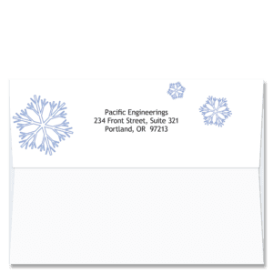 Custom design self-sealing FlapArt envelope with three blue abstract snowflake crystals and printed with your return address.