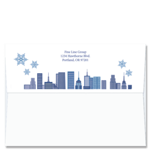 Custom design self-sealing FlapArt envelopes with a cityscape and snowflakes in shades of blue to accent your printed return address.