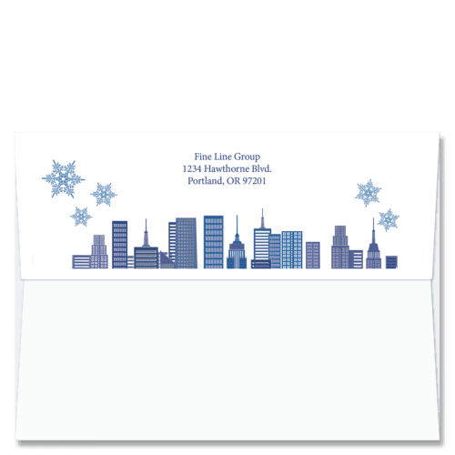 Custom design self-sealing FlapArt envelopes with a cityscape and snowflakes in shades of blue to accent your printed return address.