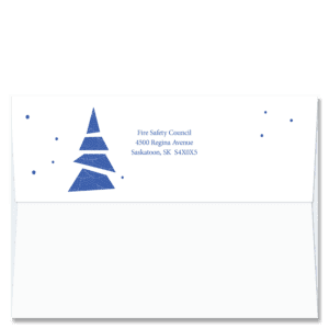 Custom design self-sealing FlapArt envelopes with a blue stylized christmas tree and blue dots in shades of blue to accent your printed return address.