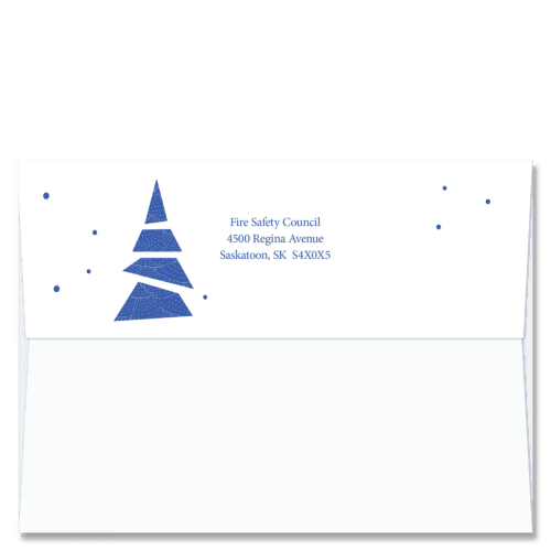 Custom design self-sealing FlapArt envelopes with a blue stylized christmas tree and blue dots in shades of blue to accent your printed return address.