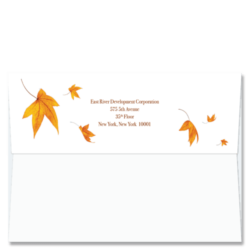 Custom design self-sealing FlapArt envelopes with falling Autumn leaves in shades of red and gold to accent your printed return address.