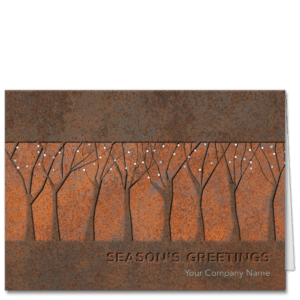 Business holiday card in shades of rust that depict steel cut stenciled tree shapes and feature your company name.