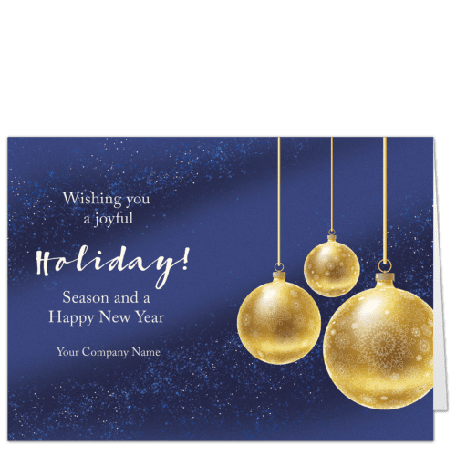 Three golden Christmas ornaments adorn the front of this elegant corporate Christmas card you can edit online.
