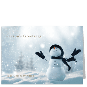 Joyful snowman with black mittens and scarf looks up to the snow falling from the sky in this festive business holiday card