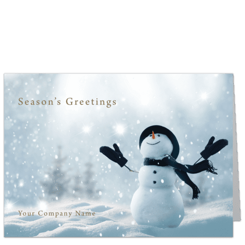 Joyful snowman with black mittens and scarf looks up to the snow falling from the sky in this festive business holiday card