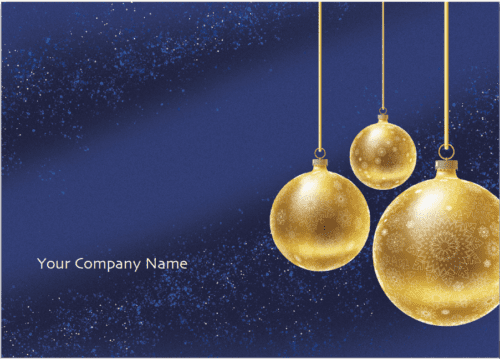 Elegant corporate Christmas card on blue background with three golden ornaments - Your Company Name only version.