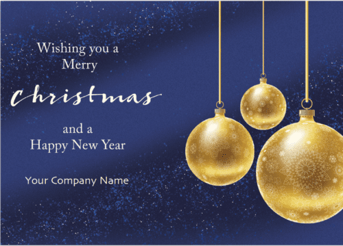 Elegant corporate Christmas card on blue background with three golden ornaments - Merry Christmas version.