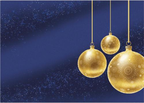 Elegant corporate Christmas card on blue background with three golden ornaments - no card front text version.