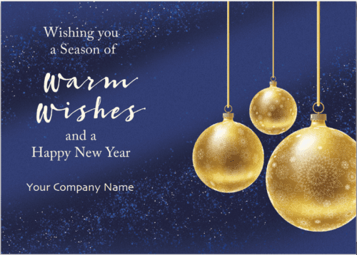 Elegant corporate Christmas card on blue background with three golden ornaments - Warm Wishes version.