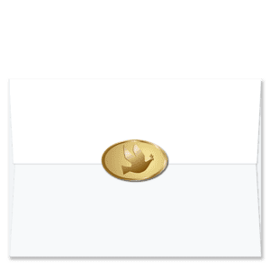 Oval shaped gold foil Christmas card envelope seals embossed with dove carrying an olive branch, the universal symbol of peace.