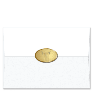 Oval shaped gold foil Christmas card envelope seals embossed with a classic architectural ionic column and capital.