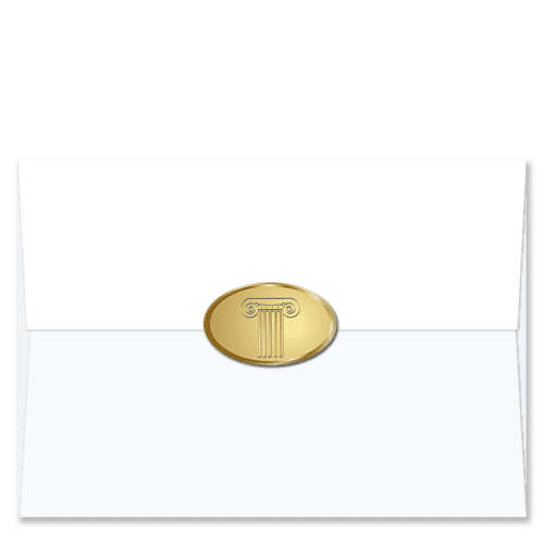 Oval shaped gold foil Christmas card envelope seals embossed with a classic architectural ionic column and capital.