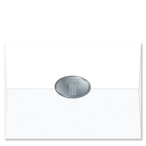 Oval shaped silver foil Christmas card envelope seals embossed with a classic architectural ionic column and capital.