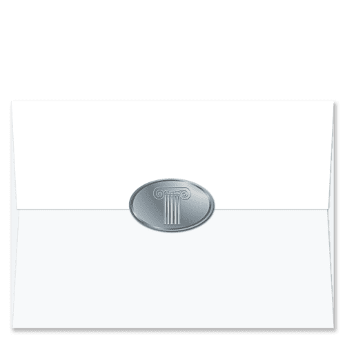 Oval shaped silver foil Christmas card envelope seals embossed with a classic architectural ionic column and capital.