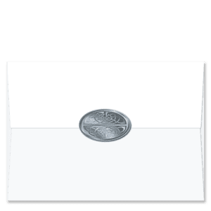 Oval shaped silver foil Christmas card envelope seals embossed with a Celtic scroll.