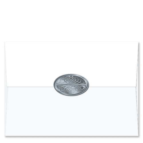 Oval shaped silver foil Christmas card envelope seals embossed with a Celtic scroll.