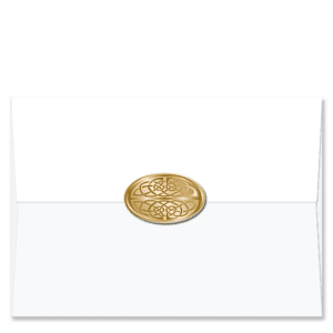 Oval shaped gold foil Christmas card envelope seals embossed with a Celtic scroll.