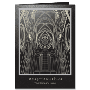 Cathedral illustration Christmas card outlined in white ink on black onyx background with company name on front.