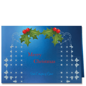 Christmas card with architectural cathedral plan in white ink on sapphire blue background. Holly leaves and red berries above your company name on front.
