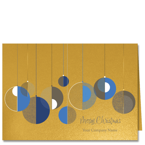 Contemporary corporate holiday card with mid century style ornaments in blue on a shimmering gold card stock and your company name on front.