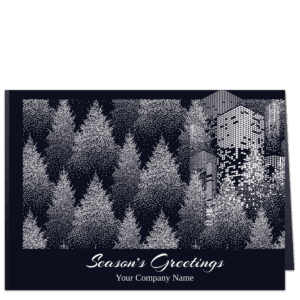Modern holiday card with city towers emerging from forest image using only white ink on black background. Your company name is on the card front.