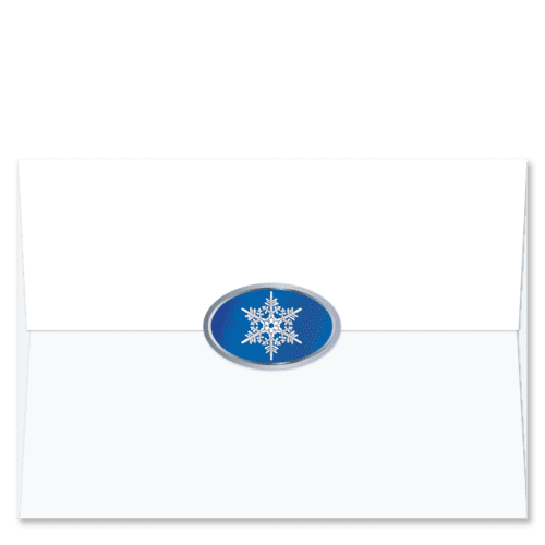 Oval shaped foil envelope seal with a single silver snowflake on a blue background and silver border.